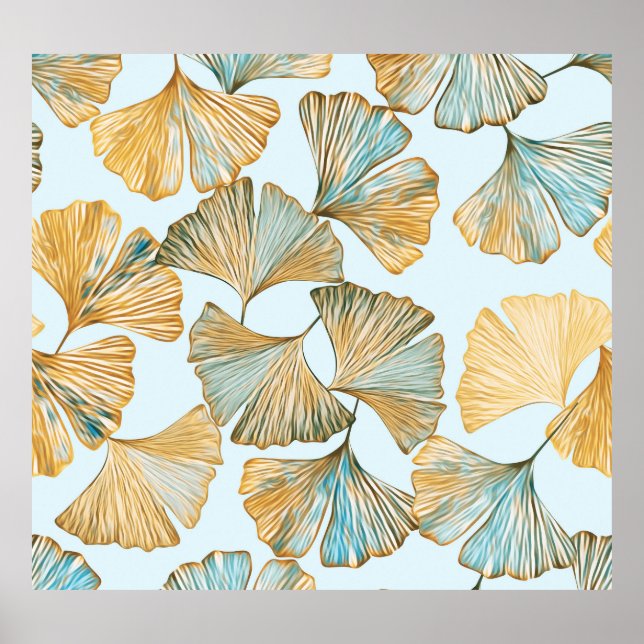 Poster Gingko deixa aquarela padrão sem costura (Frente)