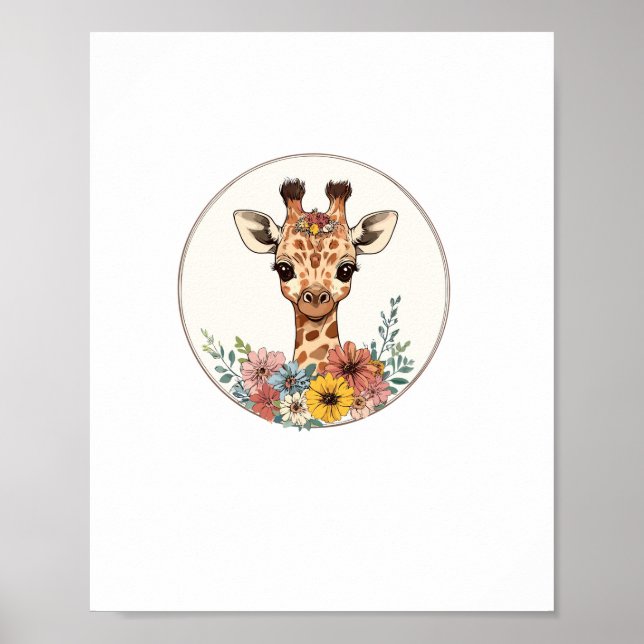 Poster Girafa Adorável Com Flores   (Frente)
