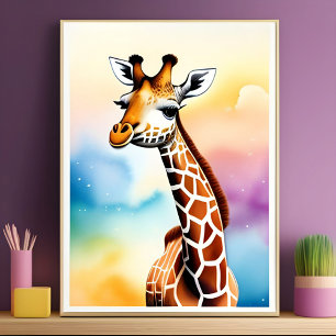 Poster Girafa Adorável Por Cores De Água Para Crianças