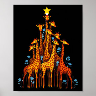 Poster Girafa Bonita Na Árvore De Natal Hat Floral Giraff