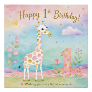 Póster Girafa Caprichosa Primeiro Aniversário Maravilha