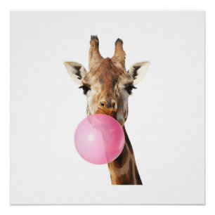 Póster  Girafa Chiclete Rosa Bolha Fofa Amante de Animais