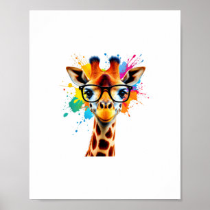 Poster Girafa com Óculos e Salpico Colorido - Cor
