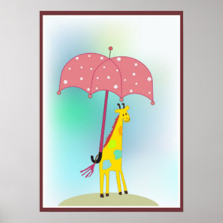Póster girafa com um guarda-chuva