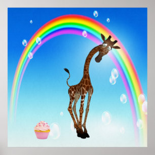 Póster Girafa, Cupcake e arco-íris