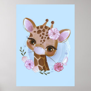 Poster Girafa De Bebê Bonita E Moçuda Com Flor