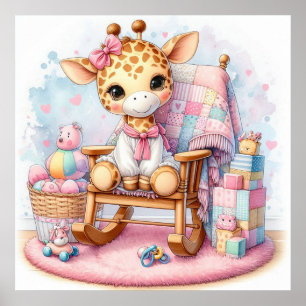 Poster Girafa em uma cadeira de balanço menina
