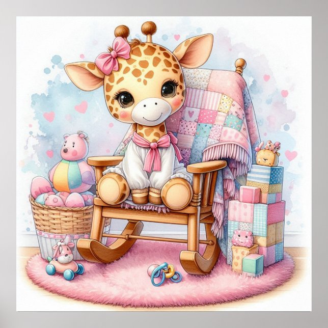 Poster Girafa em uma cadeira de balanço menina (Frente)