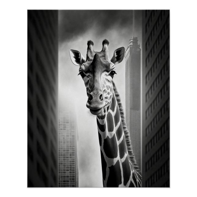 Póster Girafa em uma paisagem urbana (Frente)