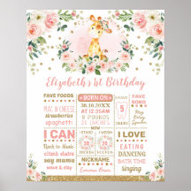 Girafa Flor de Ouro Rosa Marco de 1º Aniversário