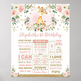 Poster Girafa Flor de Ouro Rosa Marco de 1º Aniversário