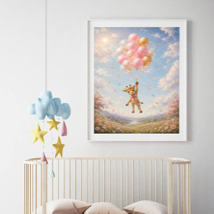 Póster Girafa flores cor-de-rosa balões flutuantes