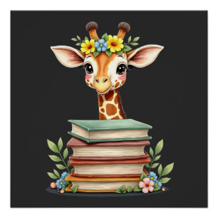 Póster Girafa Fofa Com Livro Floral Bibliófilo Bibliotecá
