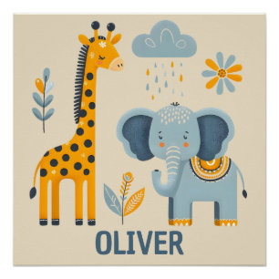 Póster Girafa Fofa e Amigos de Safari de Elefante 