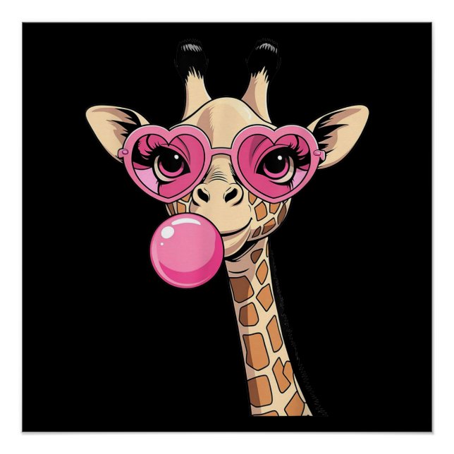 Póster Girafa Fofa Soprando Chiclete Rosa Óculos de Sol (Frente)