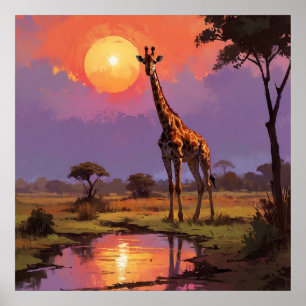 Poster Girafa Majestosa em Selvagem durante Pintura Sunse