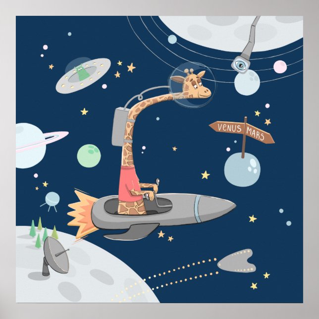 Poster Girafa no espaço. Planetas. Berçário de animais in (Frente)