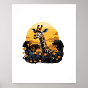 Poster Girafa Pôr do Sol Floral Arte Animal Savana Nature
