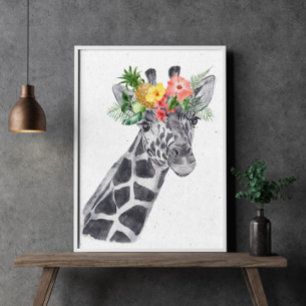 Poster Girafa Preta e Branca com Coroa de Flores Animal
