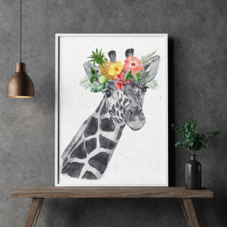 Poster Girafa Preta e Branca com Coroa de Flores Animal