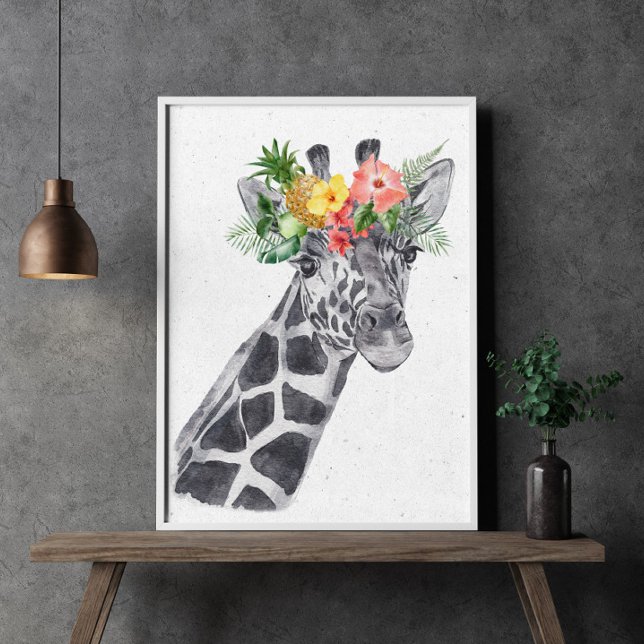 Poster Girafa Preta e Branca com Coroa de Flores Animal (Criador carregado)