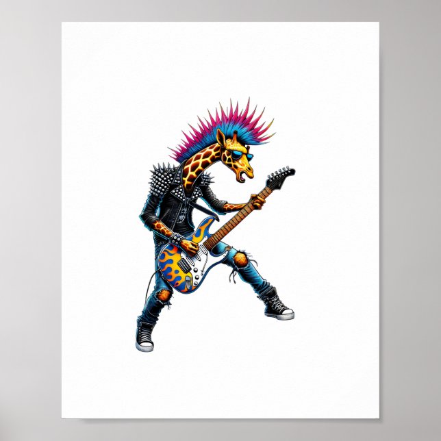 Poster Girafa Punk Engraçada, Girafa Goth Rock'n Roll, Ba (Frente)
