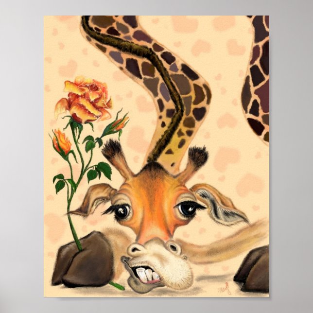 Poster Girafa Romântica com Cartaz de Pintura de Rosa (Frente)