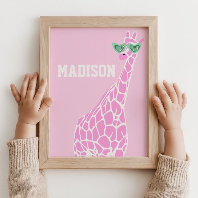 Poster Girafa Rosa Óculos escuros Nome personalizado Wall (kids nursery giraffe)