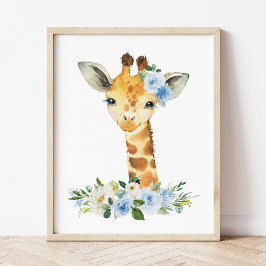 Poster Girafa, Safari, Selva, Flores Azuis, Berçário de M