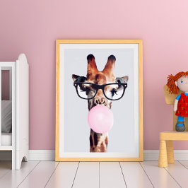 POSTER GIRAFA USANDO ÓCULOS SOPRANDO BUBBLEGUM ROSA