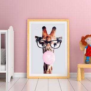 POSTER GIRAFA USANDO ÓCULOS SOPRANDO BUBBLEGUM ROSA