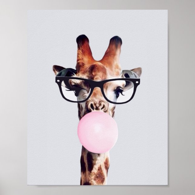 POSTER GIRAFA USANDO ÓCULOS SOPRANDO UM BALÃO DE CHICLETE (Frente)