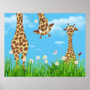 Poster Girafas em Grama com Nuvens