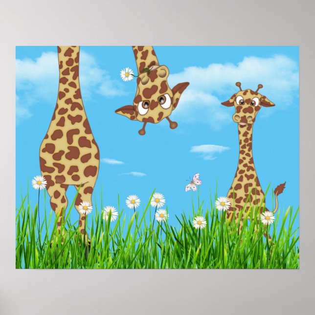 Poster Girafas em Grama com Nuvens (Frente)