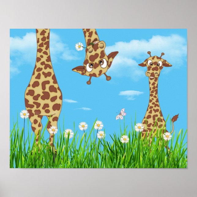 Poster Girafas na grama com nuvens (Frente)