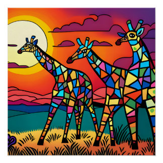Póster Girafas na savana debaixo do sol da noite