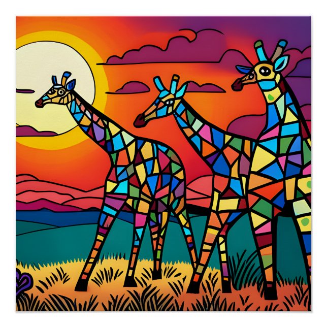 Póster Girafas na savana debaixo do sol da noite (Frente)