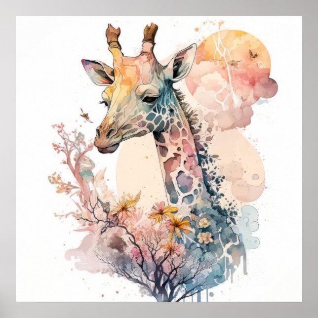 Poster Giraffe Portrait Animal Pintura de Vida Selvagem a (Frente)