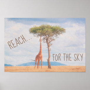 Poster Giraffe Tall Tree Savannah Reach Sky Motivation