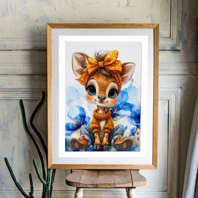 Póster Giraffes com laço de bolinhas papoulas azuis (Criador carregado)