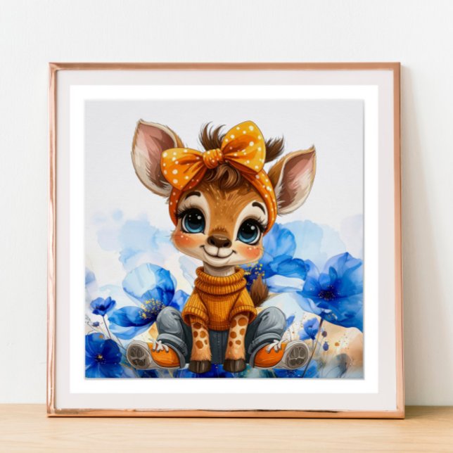 Póster Giraffes com laço de bolinhas papoulas azuis (Criador carregado)