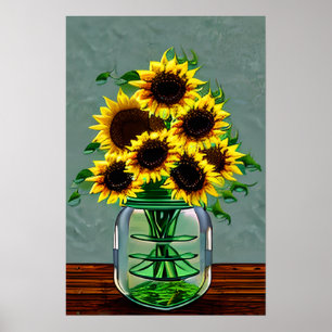 Poster Girassóis bonito em Vases de Vidro