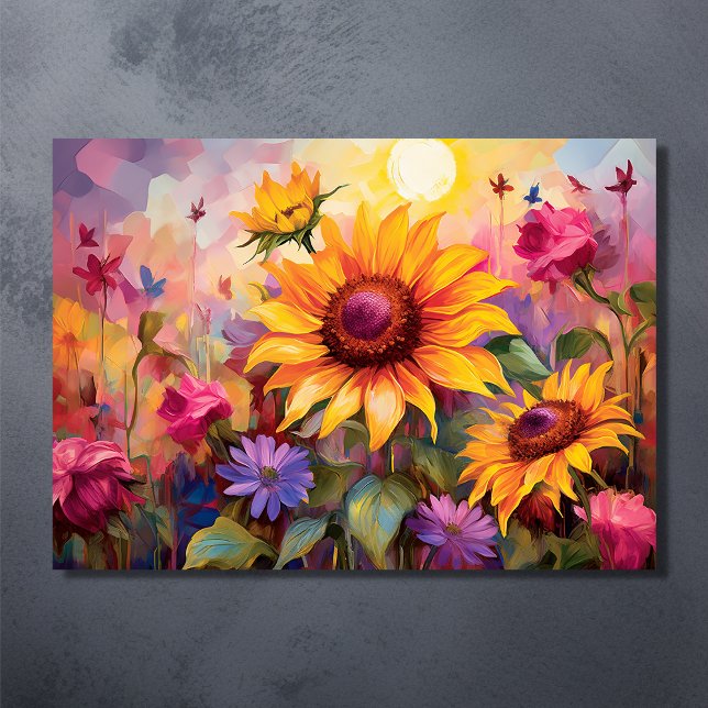 Poster Girassóis bonito no Campo das Flores Coloridas (Pretty Sunflowers in Field of Colorful Flowers Poster)