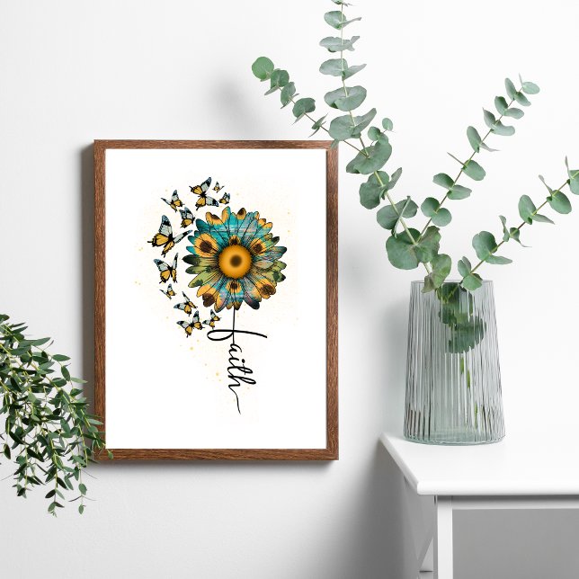 Poster Girassóis Borboletas Fé Cristã Religiosa (Faith butterflies Sunflowers Wall Art. Digital and Printed. )