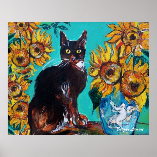 POSTER GIRASSÓIS COM GATO PRETO EM TURQUESA AZUL (Frente)