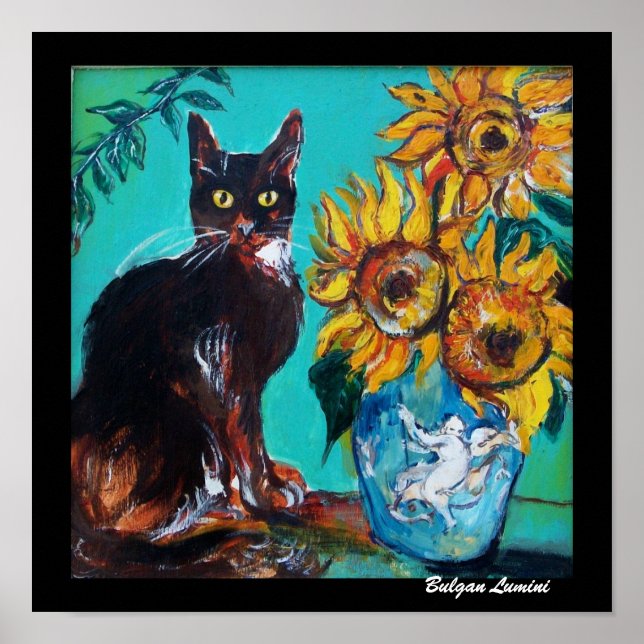 PÓSTER GIRASSÓIS COM GATO PRETO EM TURQUESA AZUL (Frente)