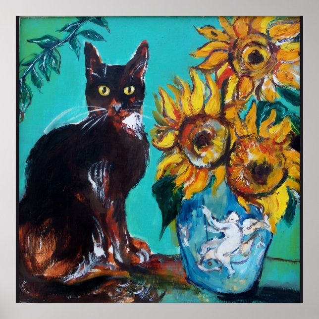 POSTER GIRASSÓIS COM GATO PRETO EM TURQUESA AZUL (Frente)