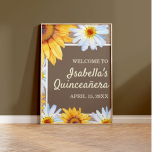 Poster Girassóis Daisy Branca Linho Quinceañera Bem-vindo