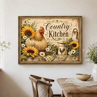 Poster Girassóis de Frango Cozinha Fazenda Rústica