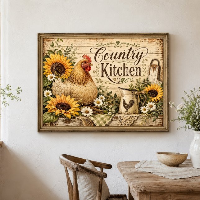 Poster Girassóis de Frango Cozinha Fazenda Rústica (Chicken Country Kitchen Farmhouse Rustic Kitchen wall decor poster print)